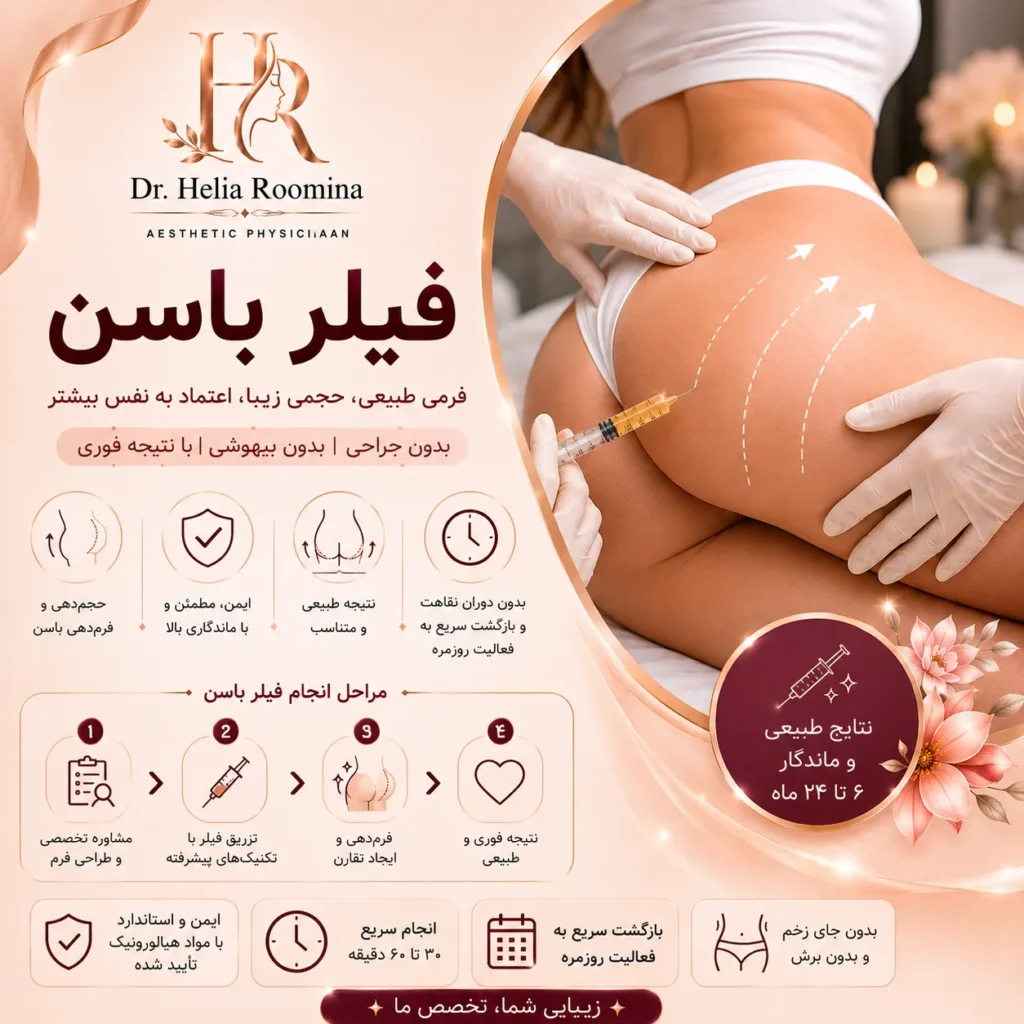 فیلر باسن, تزریق فیلر باسن, ژل باسن, تزریق ژل باسن, حجم دهی باسن, فرم دهی باسن, کانتورینگ باسن, لیفت باسن بدون جراحی, برجسته سازی باسن, اصلاح فرم باسن, فیلر هیالورونیک اسید, Body Filler, Butt Filler, Buttock Filler, Butt Augmentation, Non Surgical Butt Lift, Butt Contouring, Body Contouring, Gluteal Augmentation, Hyaluronic Acid Filler, Aesthetic Medicine, Cosmetic Treatment, زیبایی بدن, Body Aesthetics, دکتر هلیا رومینا, Helia Roomina, Dr  Helia Roomina