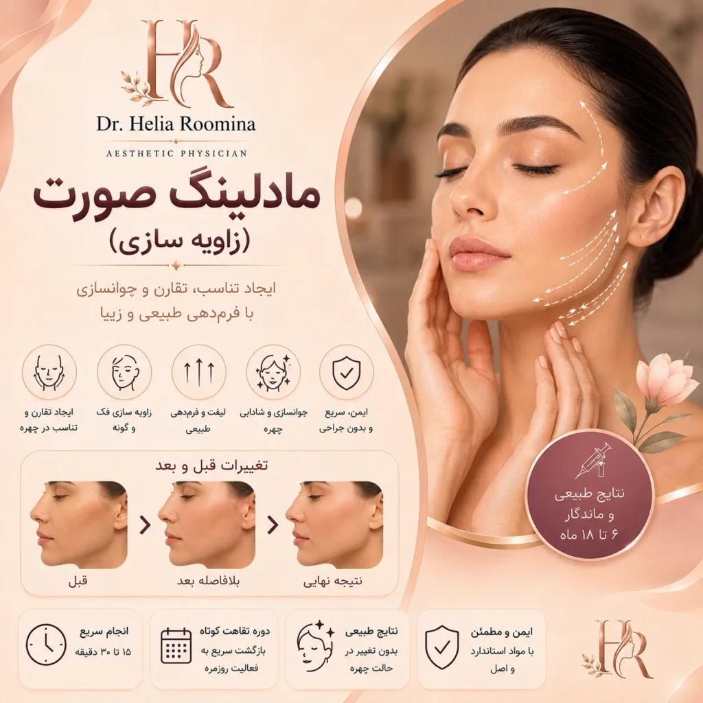 مادلینگ صورت, زاویه سازی صورت, کانتورینگ صورت, فرم دهی صورت, زاویه سازی فک, زاویه سازی چانه, کانتور صورت, زیباسازی صورت, مدلینگ صورت, فیس کانتورینگ, Facial Contouring, Face Contouring, Face Modeling, Facial Modeling, Jawline Contouring, Jawline Filler, Chin Filler, Cheek Filler, Facial Harmonization, Face Sculpting, Full Face Rejuvenation, Full Face Contouring, Dermal Filler, Hyaluronic Acid Filler, فیلر صورت, فیلر فک, فیلر چانه, فیلر گونه, حجم دهی صورت, جوانسازی صورت, Aesthetic Medicine, Cosmetic Treatment, Anti Aging, دکتر هلیا رومینا, Helia Roomina, Dr  Helia Roomina