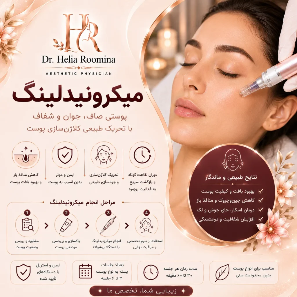 میکرونیدلینگ, Microneedling, درمان جای جوش, Acne Scar Treatment, درمان اسکار, Scar Treatment, جوانسازی پوست, Skin Rejuvenation, کلاژن سازی, Collagen Induction Therapy, Collagen Stimulation, درمان منافذ باز پوست, Large Pores Treatment, درمان چین و چروک, Wrinkle Treatment, درمان لک, Pigmentation Treatment, بهبود بافت پوست, Skin Texture Improvement, میکرونیدلینگ صورت, Facial Microneedling, Dermapen, Skin Needling, Microneedle Therapy, زیبایی پوست, Cosmetic Dermatology, Aesthetic Medicine, Anti Aging, دکتر هلیا رومینا, Helia Roomina, Dr  Helia Roomina