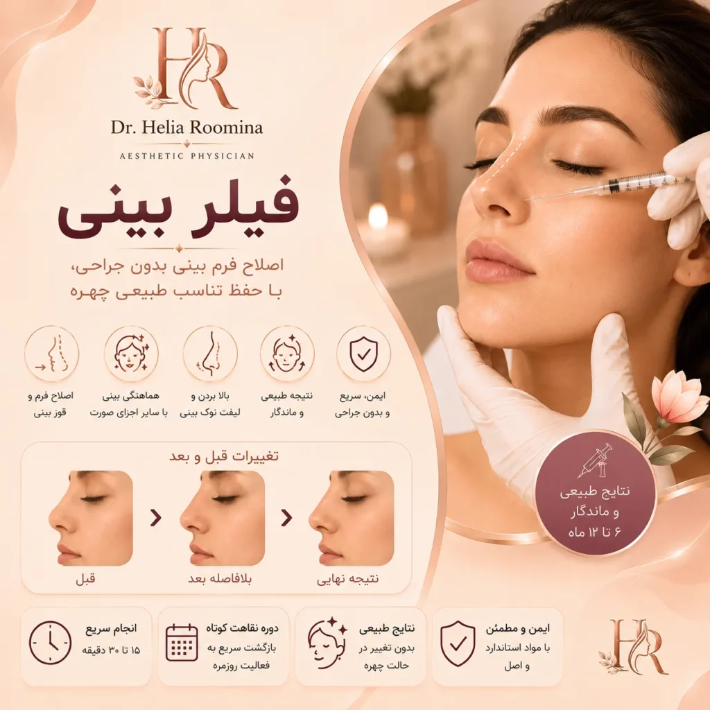 فیلر بینی, تزریق فیلر بینی, ژل بینی, تزریق ژل بینی, اصلاح فرم بینی, فرم دهی بینی, بینی بدون جراحی, رینوپلاستی بدون جراحی, لیفت بینی, اصلاح قوز بینی, اصلاح نوک بینی, رفع فرورفتگی بینی, کانتورینگ بینی, فیلر هیالورونیک اسید, Hyaluronic Acid Filler, Nose Filler, Non Surgical Rhinoplasty, Liquid Rhinoplasty, Nose Contouring, Nose Reshaping, Dermal Filler, زیبایی بینی, Aesthetic Medicine, Cosmetic Treatment, Anti Aging, دکتر هلیا رومینا, Helia Roomina, Dr  Helia Roomina